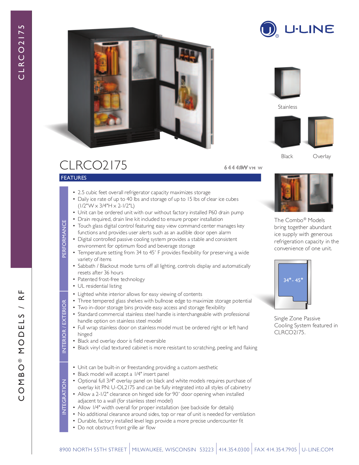 U-Line U-CLRCO2175S-00, U-CLRCO2175S-01, U-CLRCO2175B-00, U-CLRCO2175S-40, U-CLRCO2175B-40 Specification Sheet