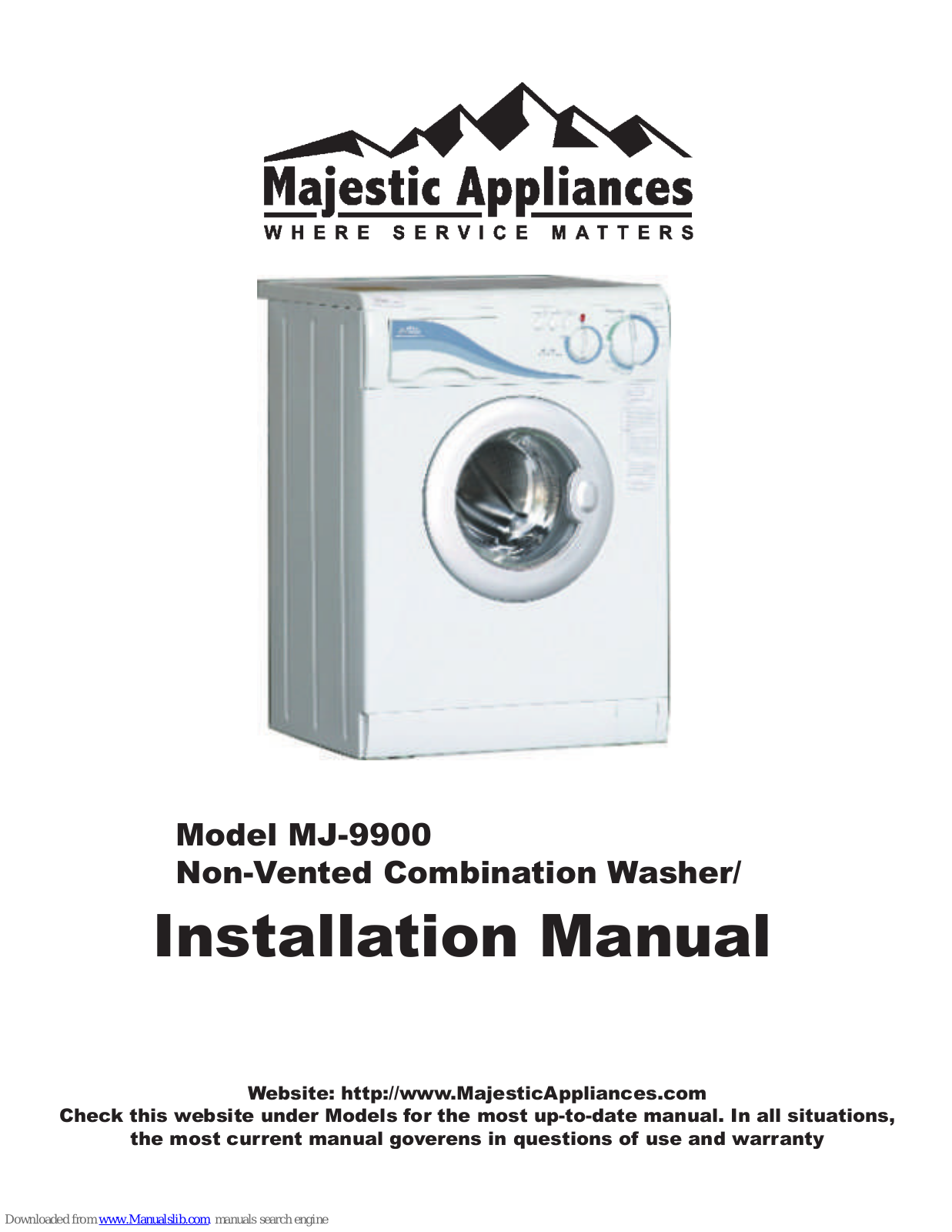 Majestic Appliances Non Vented Combination Washer MJ-9900 Installation Manual