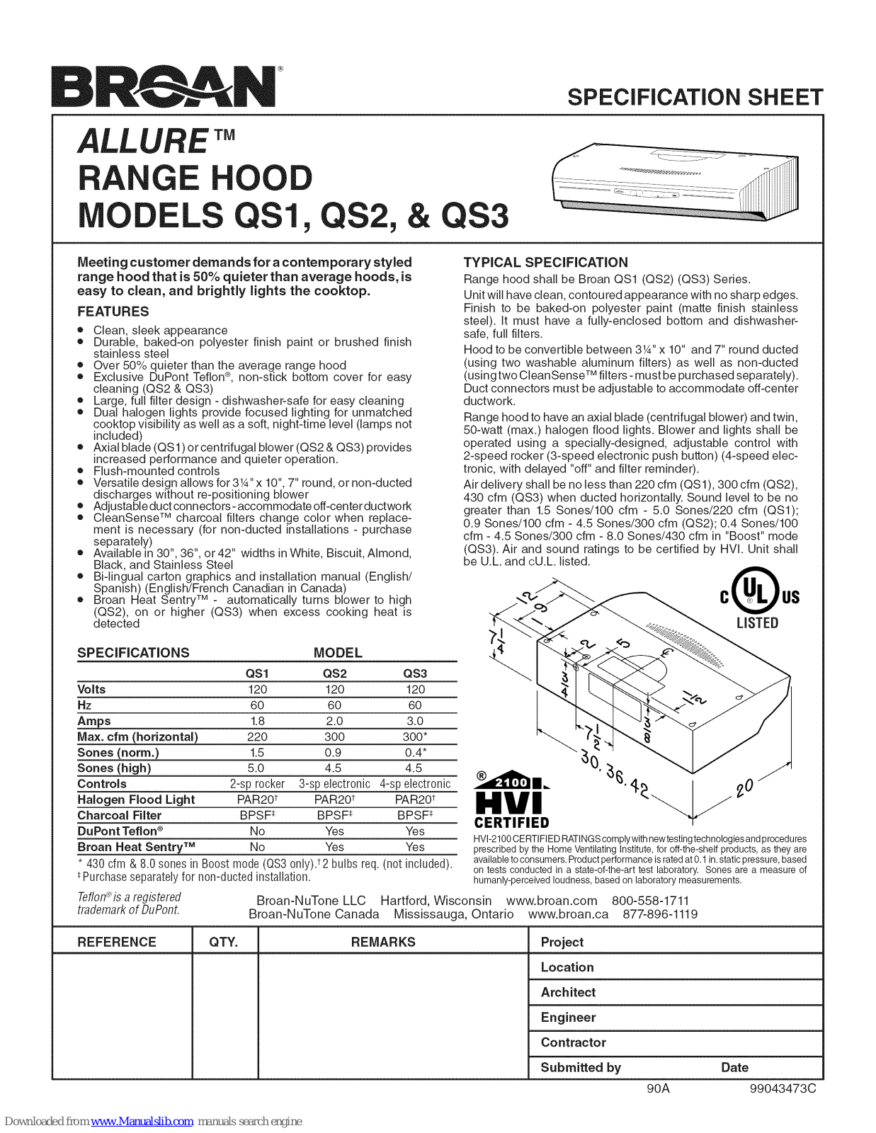 Broan ALLURE QS1, ALLURE QS3, ALLURE QS2 Specification Sheet - ManualMachine.com