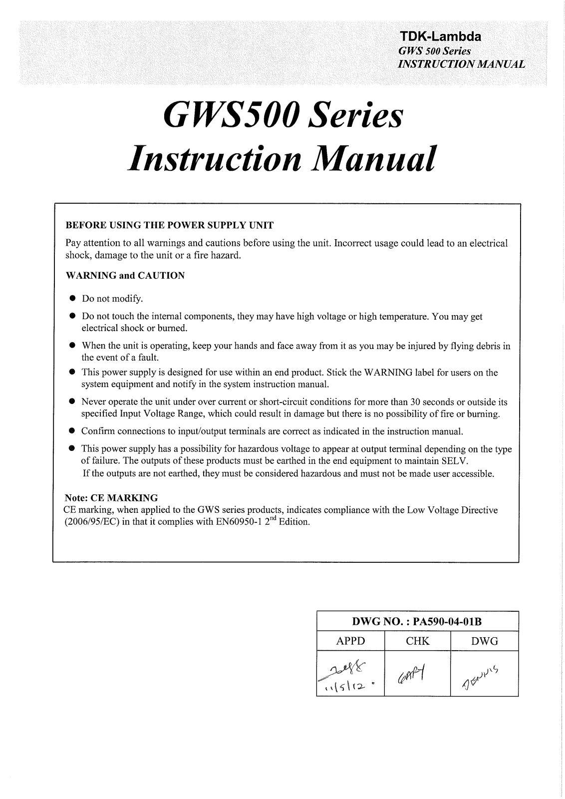 TDK-Lambda GWS-500-7.5, GWS-500-5, GWS-500-24, GWS-500-12, GWS-500 User guide