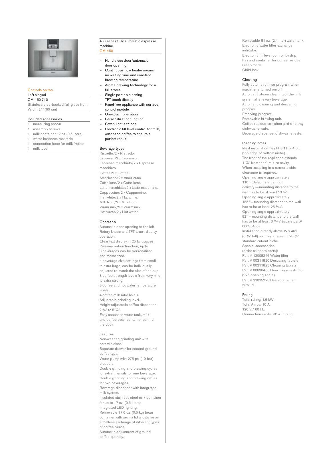 Gaggenau CM450710 Specifications