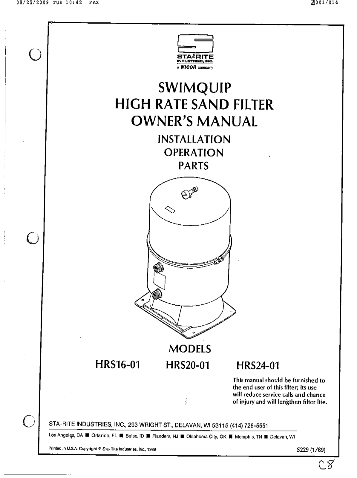 Sta-Rite HRS16-01 Installation  Manual