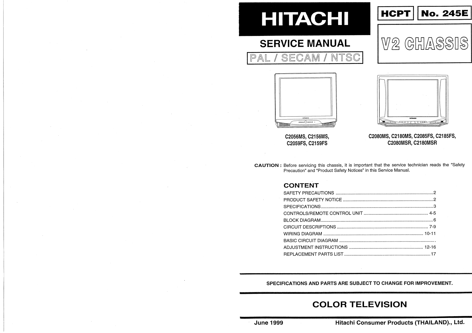 Hitachi C2056, C2156, C2059, C2159, C2080 Service Manual
