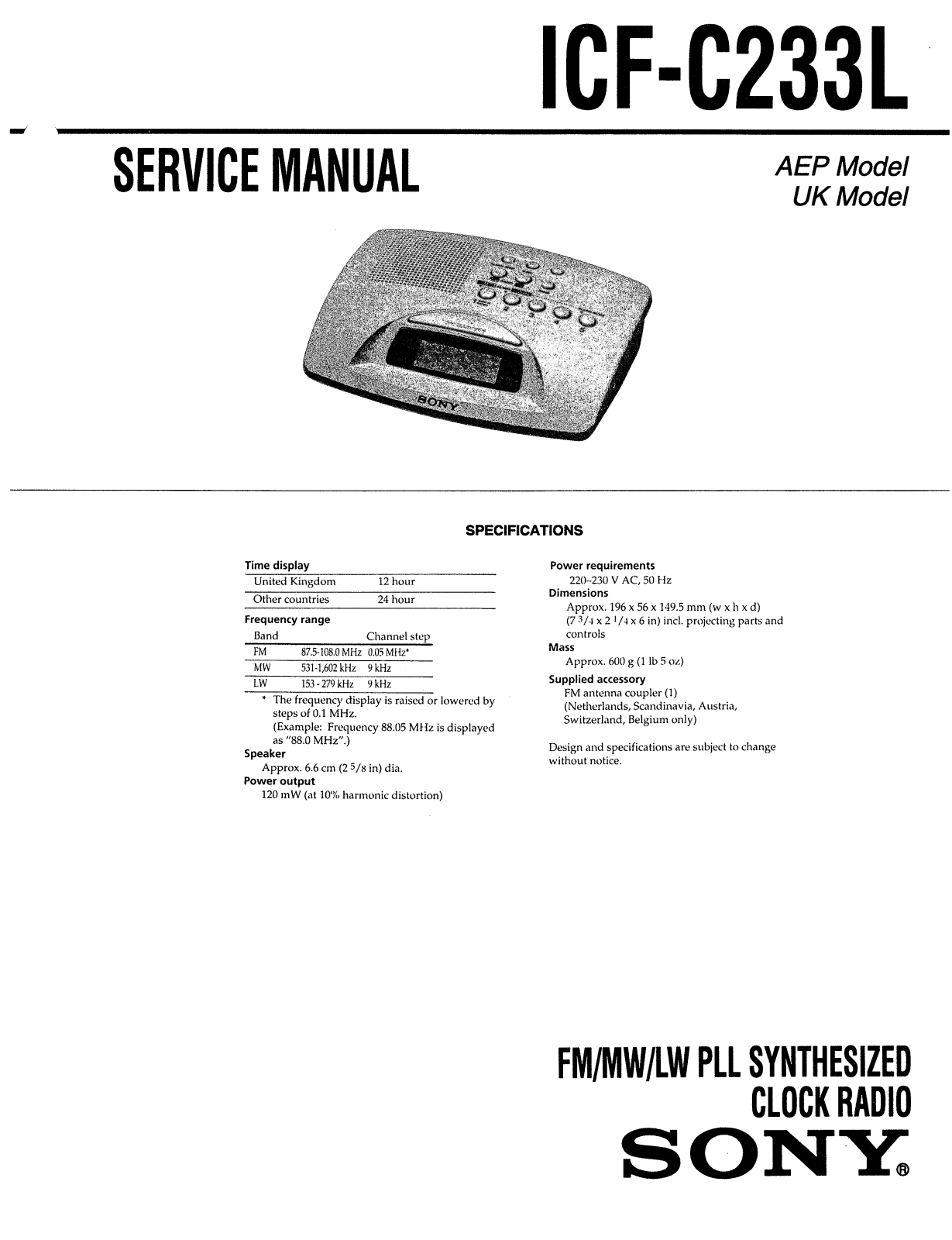 Sony ICFC-233-L Service manual