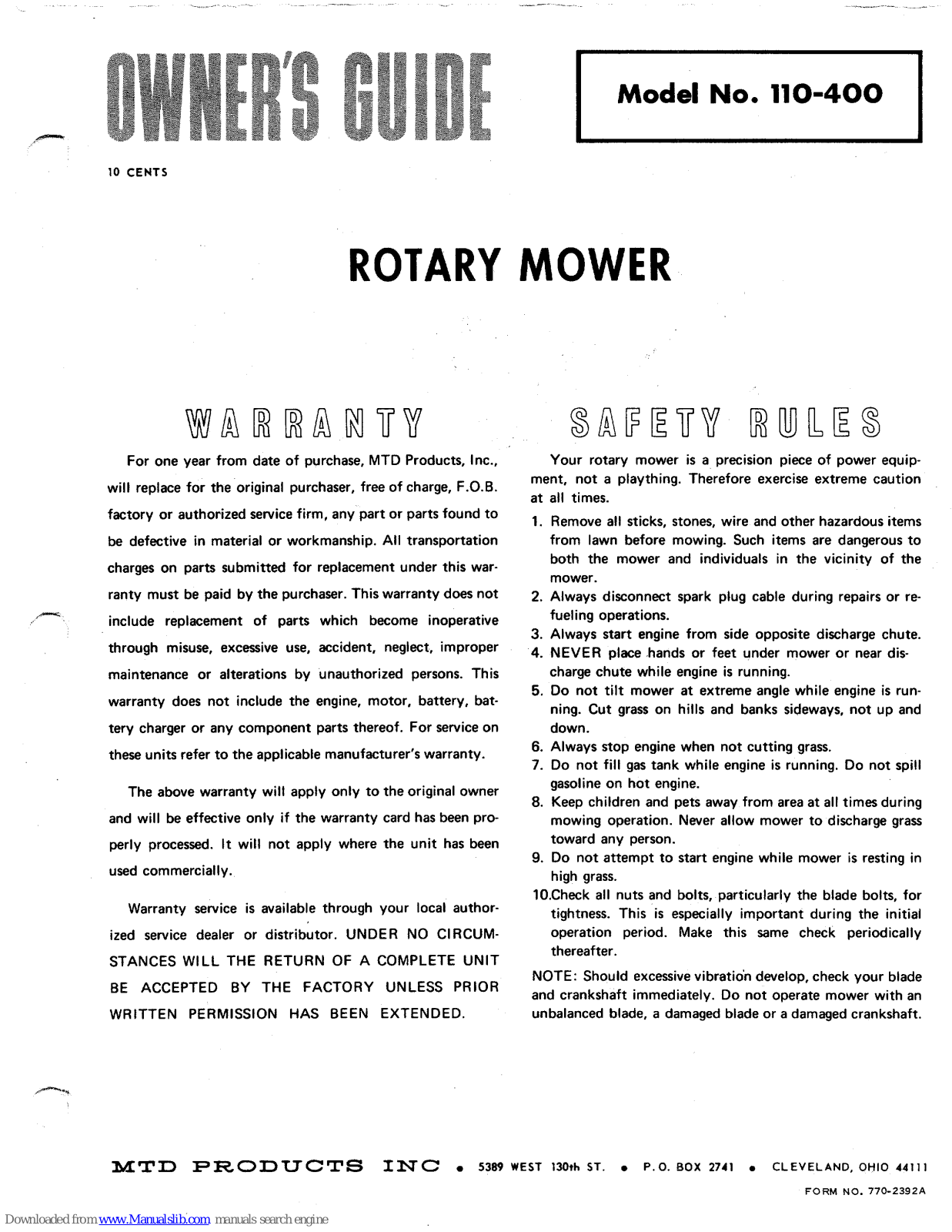 MTD 110-400 Owner's Manual