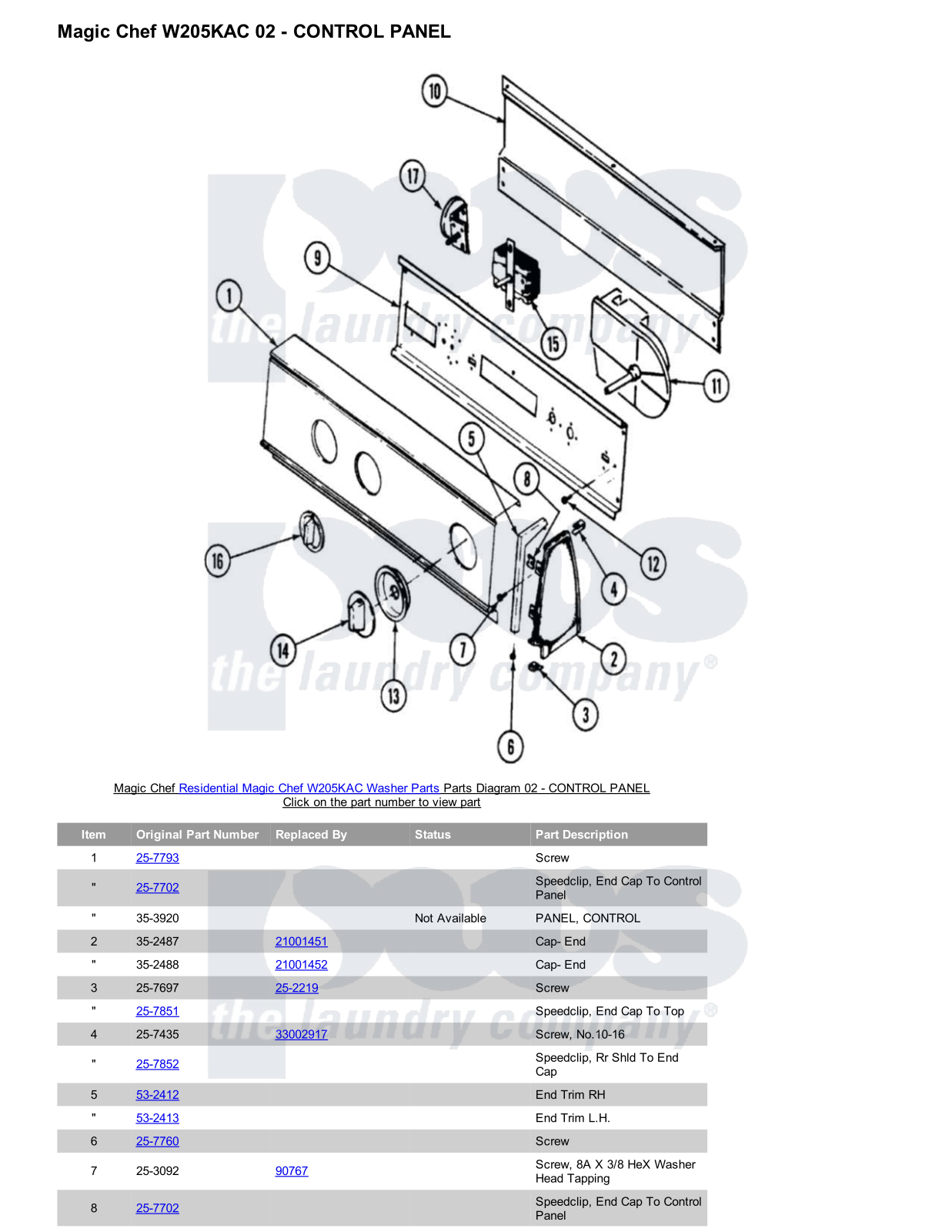 Magic Chef W205KAC Parts Diagram