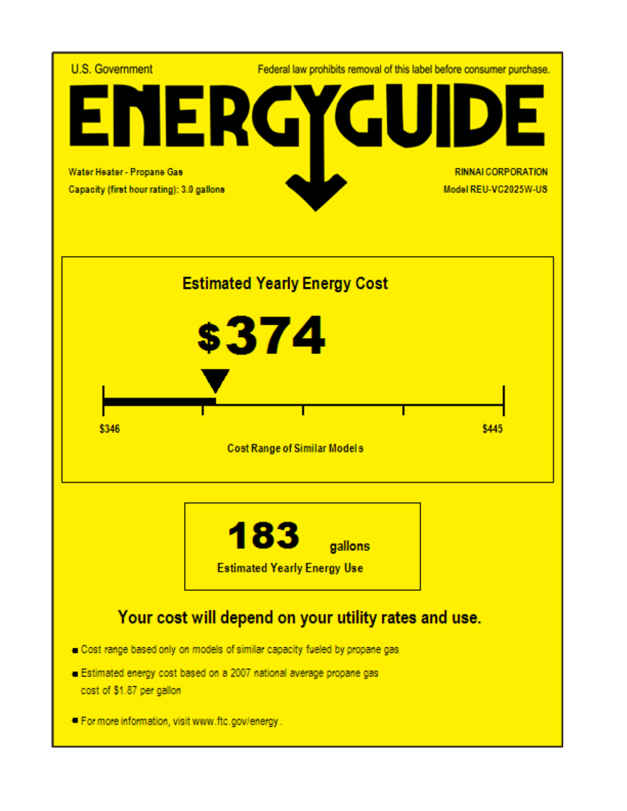 Rinnai V65e (REU-VC2025W-US) Energy Guide