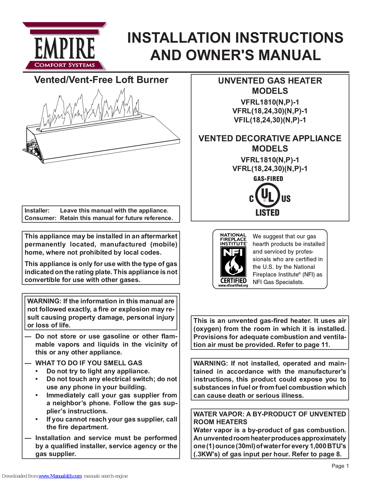 Empire Comfort Systems VFRL1810P-1, VFRL18N-1, VFRL24N-1, VFRL30N-1, VFRL18P-1 Installation Instructions And Owner's Manual