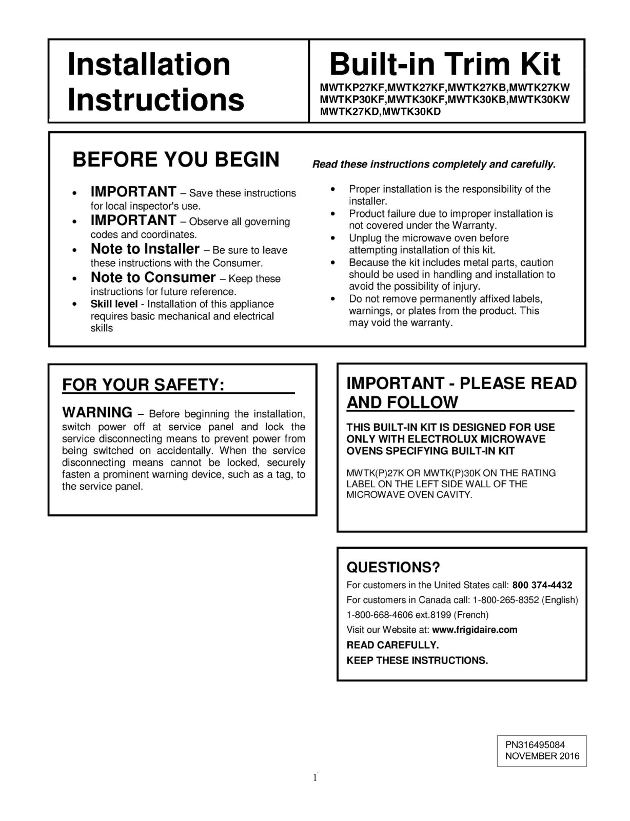 Frigidaire MWTKP30KF, MWTK27KF, MWTK27KW, MWTK30KF Installation Guide