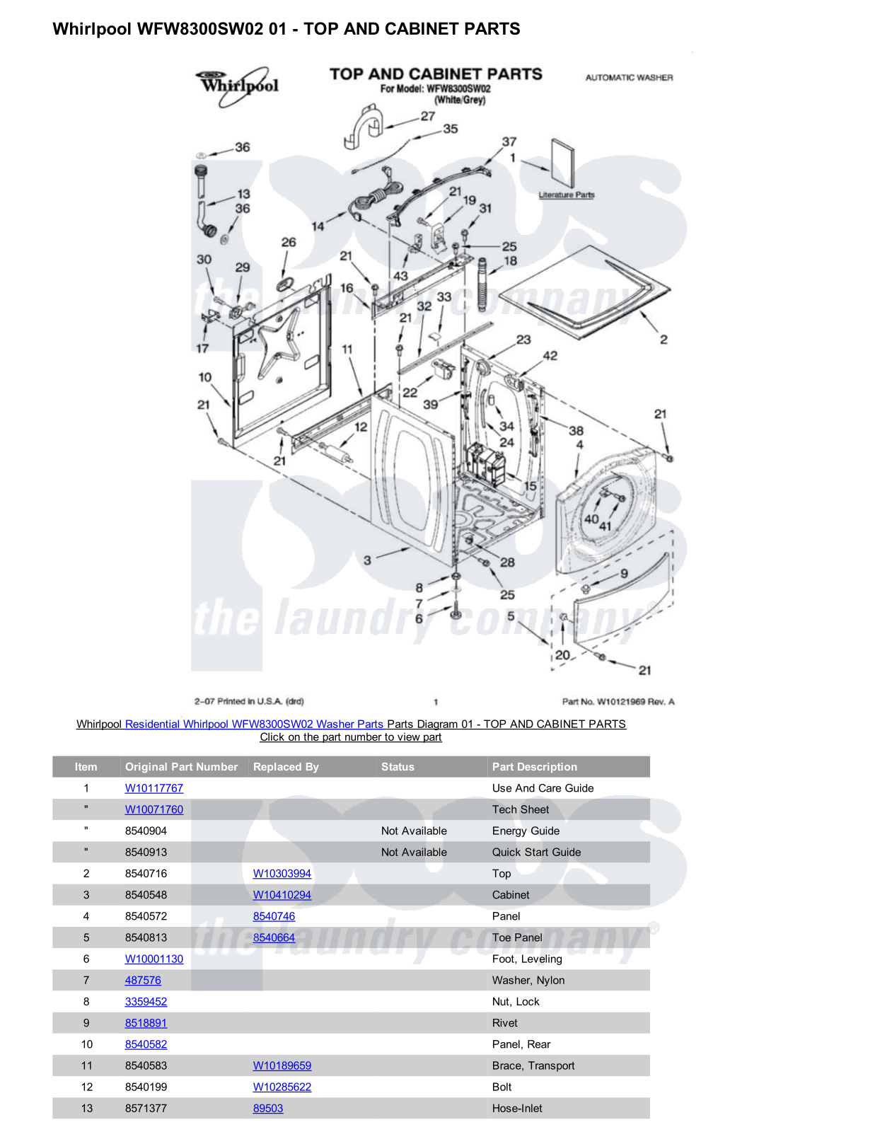 Whirlpool WFW8300SW02 Parts Diagram