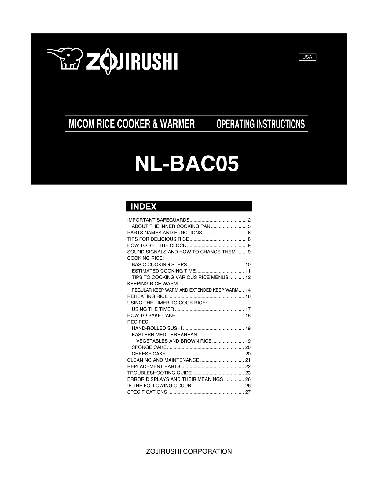 Zojirushi NLBAC05 User Manual