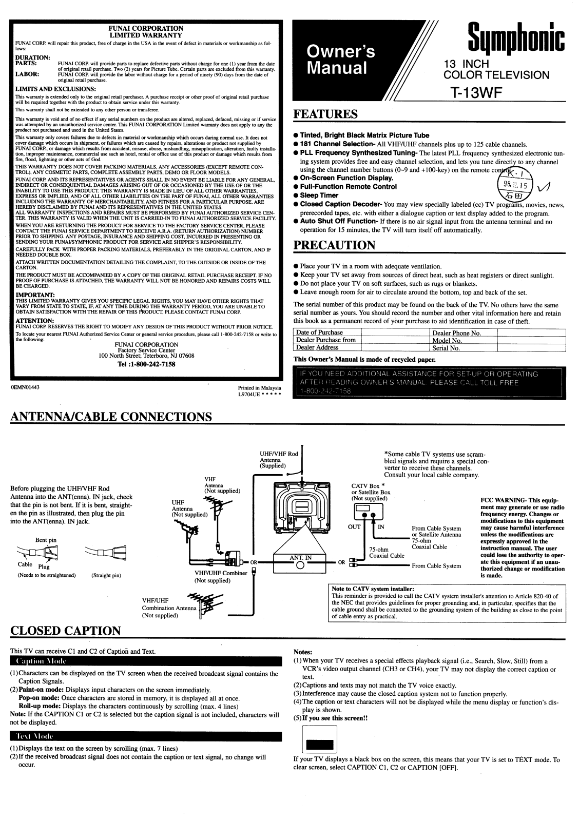 FUNAI T13WF, T13WF User Manual