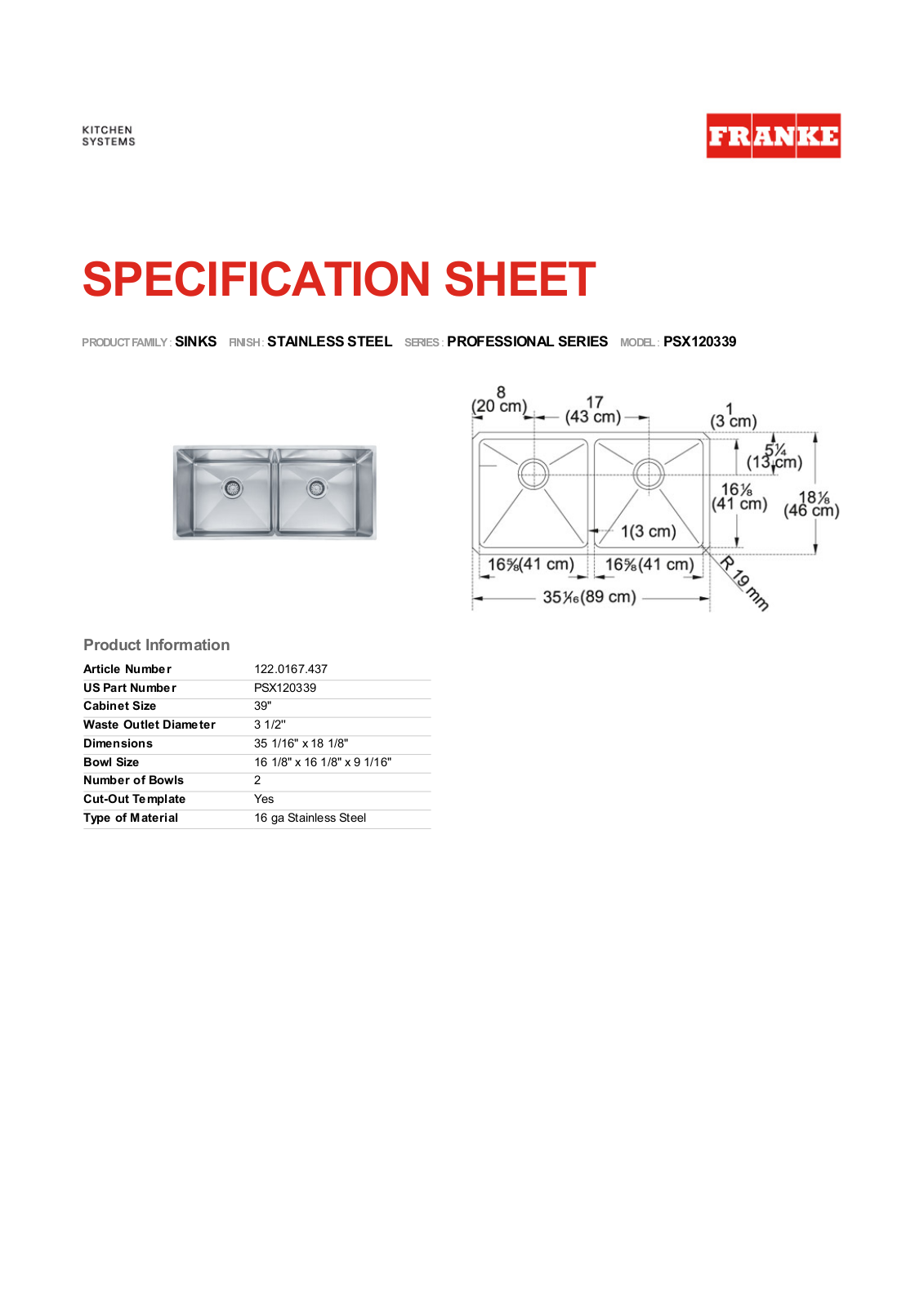 Franke Foodservice PSX120339 User Manual