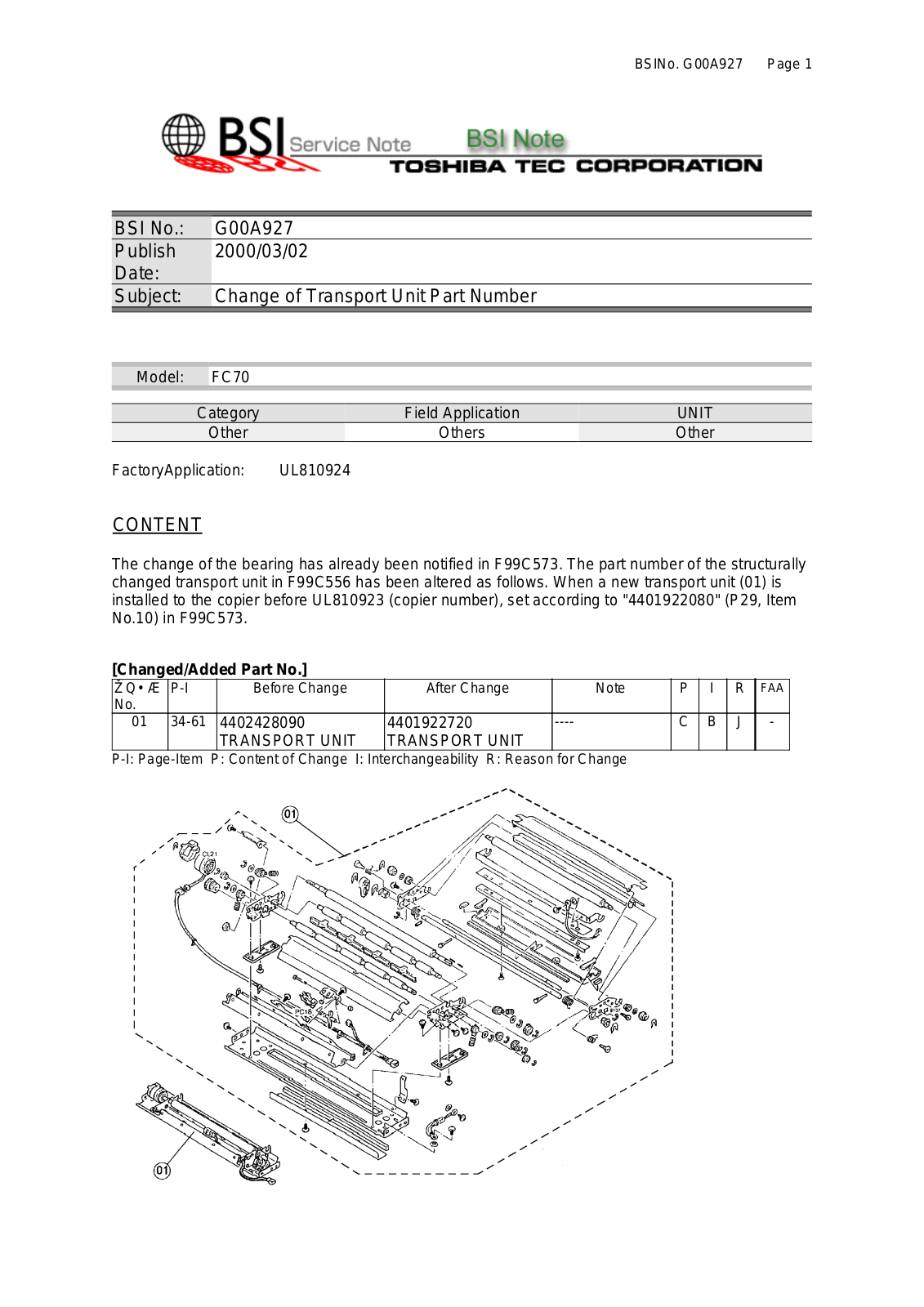 Toshiba g00a927 Service Note