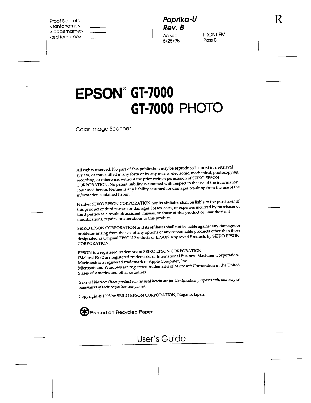 Seiko Epson FBG680A User Manual