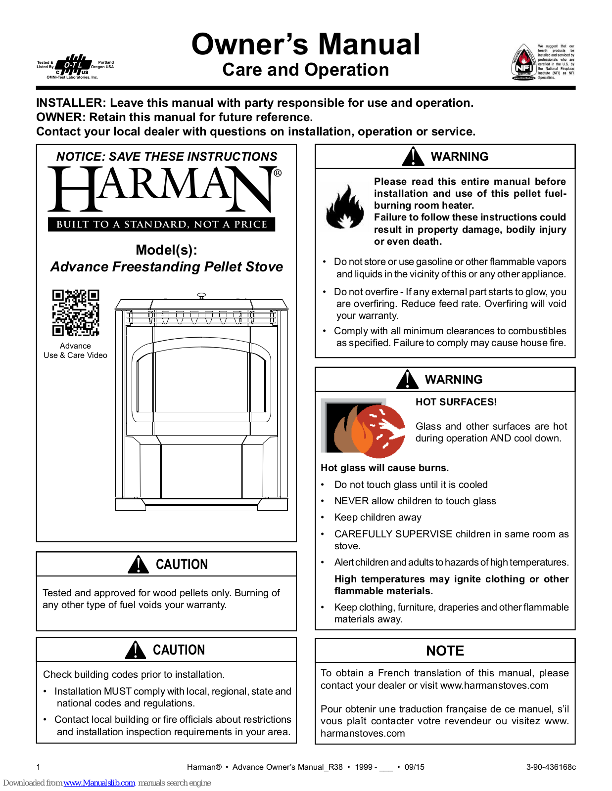 Harman Advance Freestanding Pellet Stove Owner's Manual