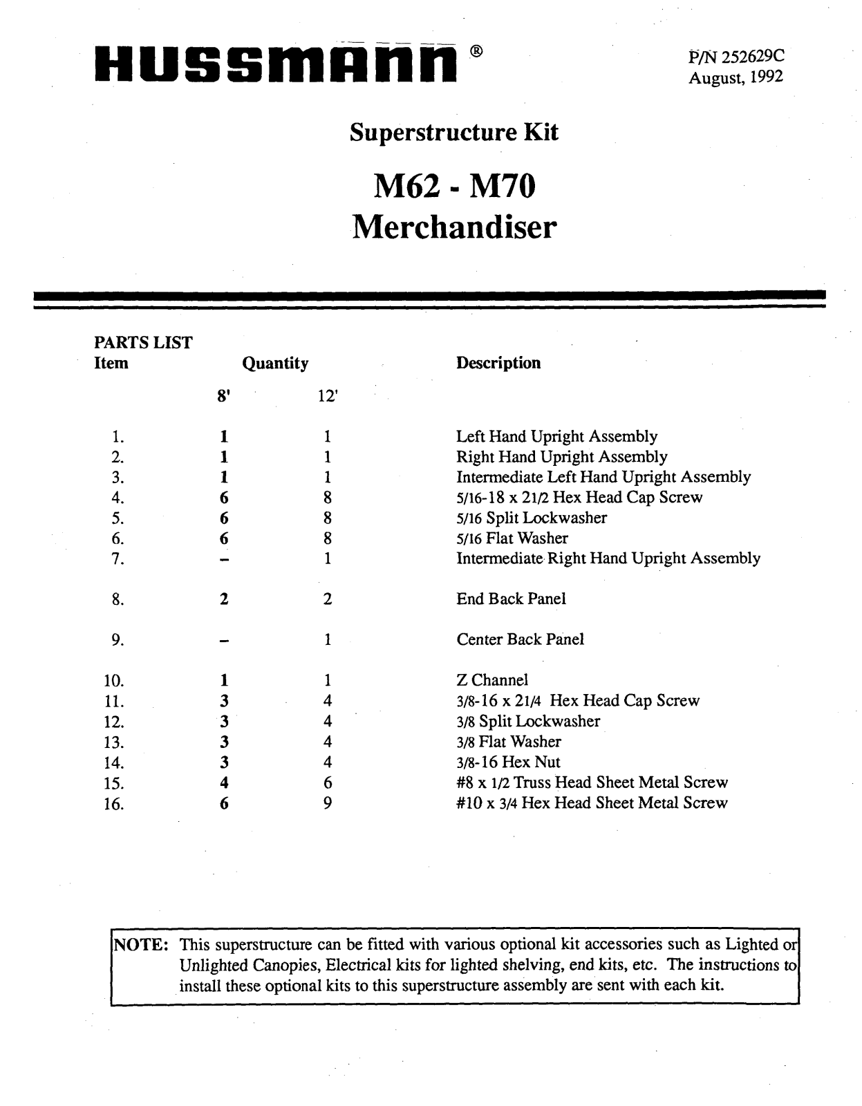 Hussmann M62, M70 Install Manual