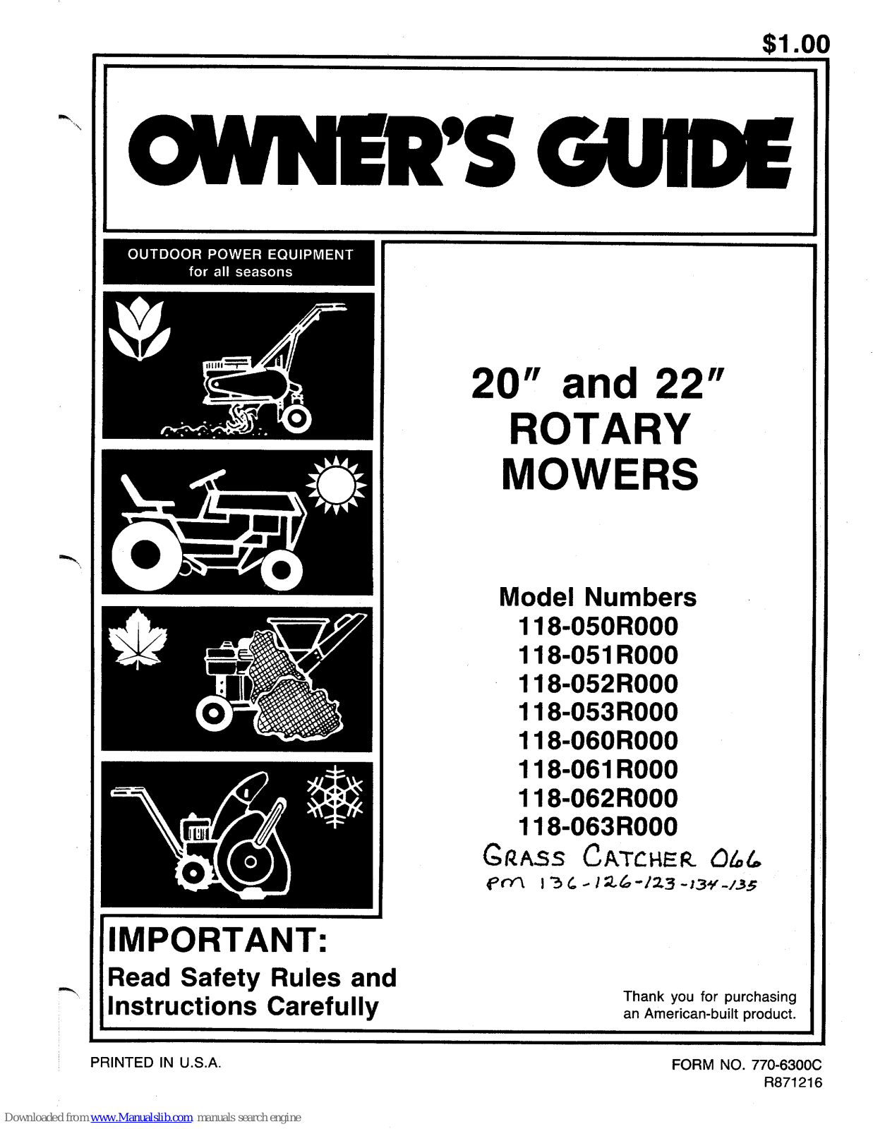 MTD 118-061R000, 118-062R000, 118-063R000, 118-053R000, 118-052R000 Owner's Manual