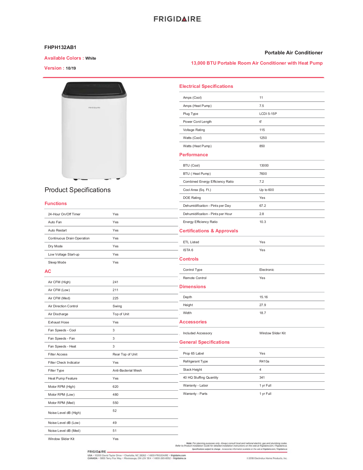 Frigidaire FHPH132AB1 Specifications