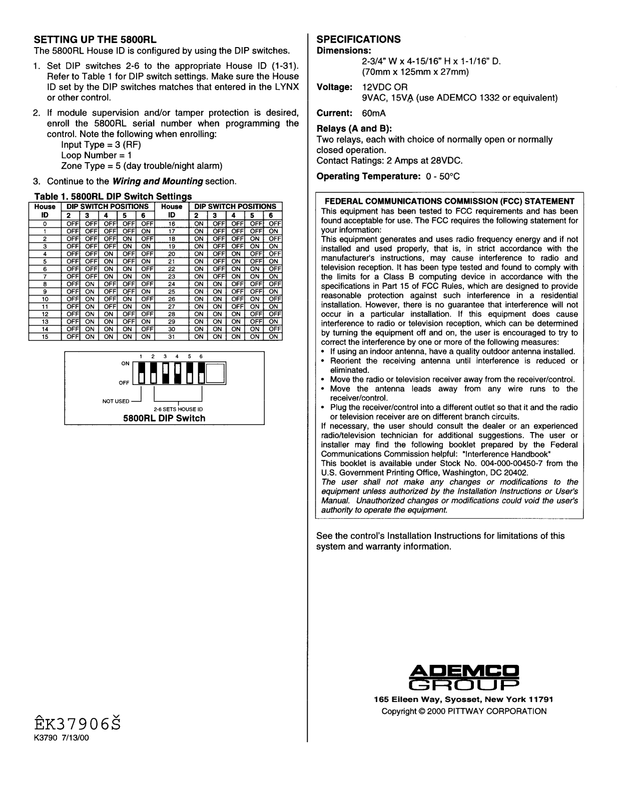 Ademco 8DL5800RL II with FCC lable info