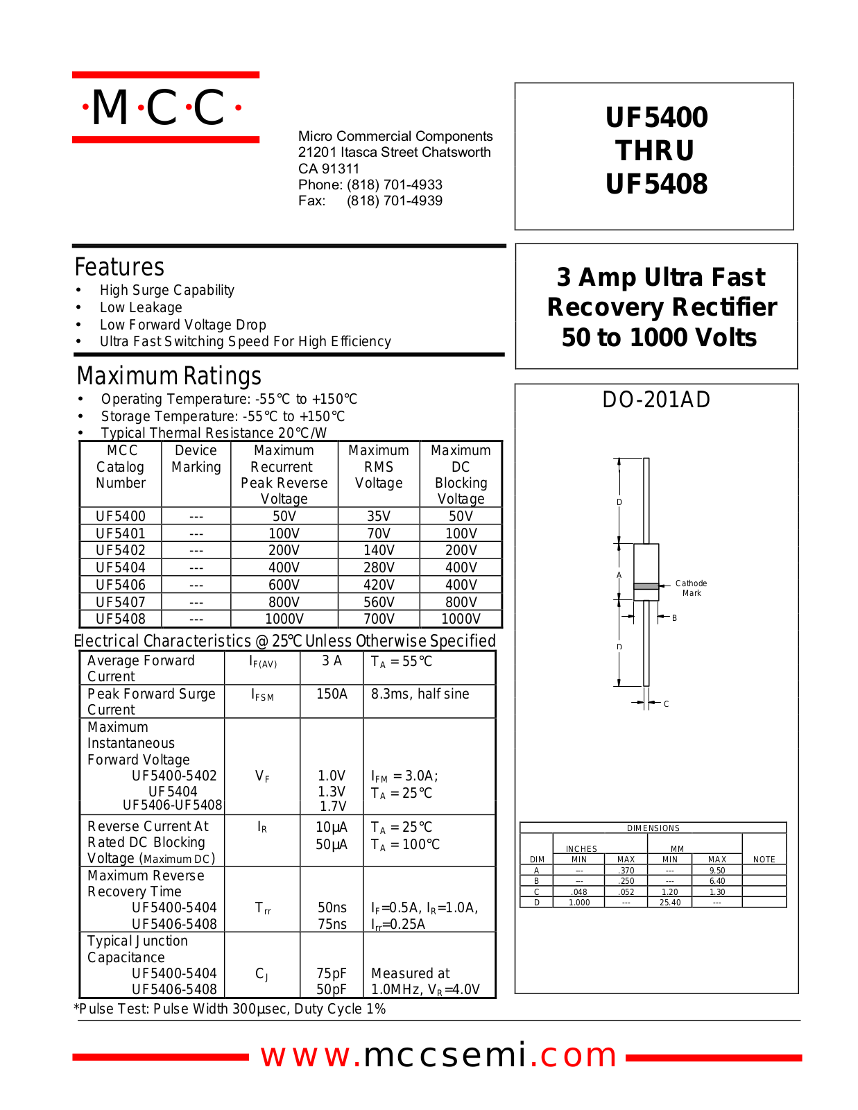 MCC UF5408, UF5406, UF5407, UF5402, UF5401 Datasheet