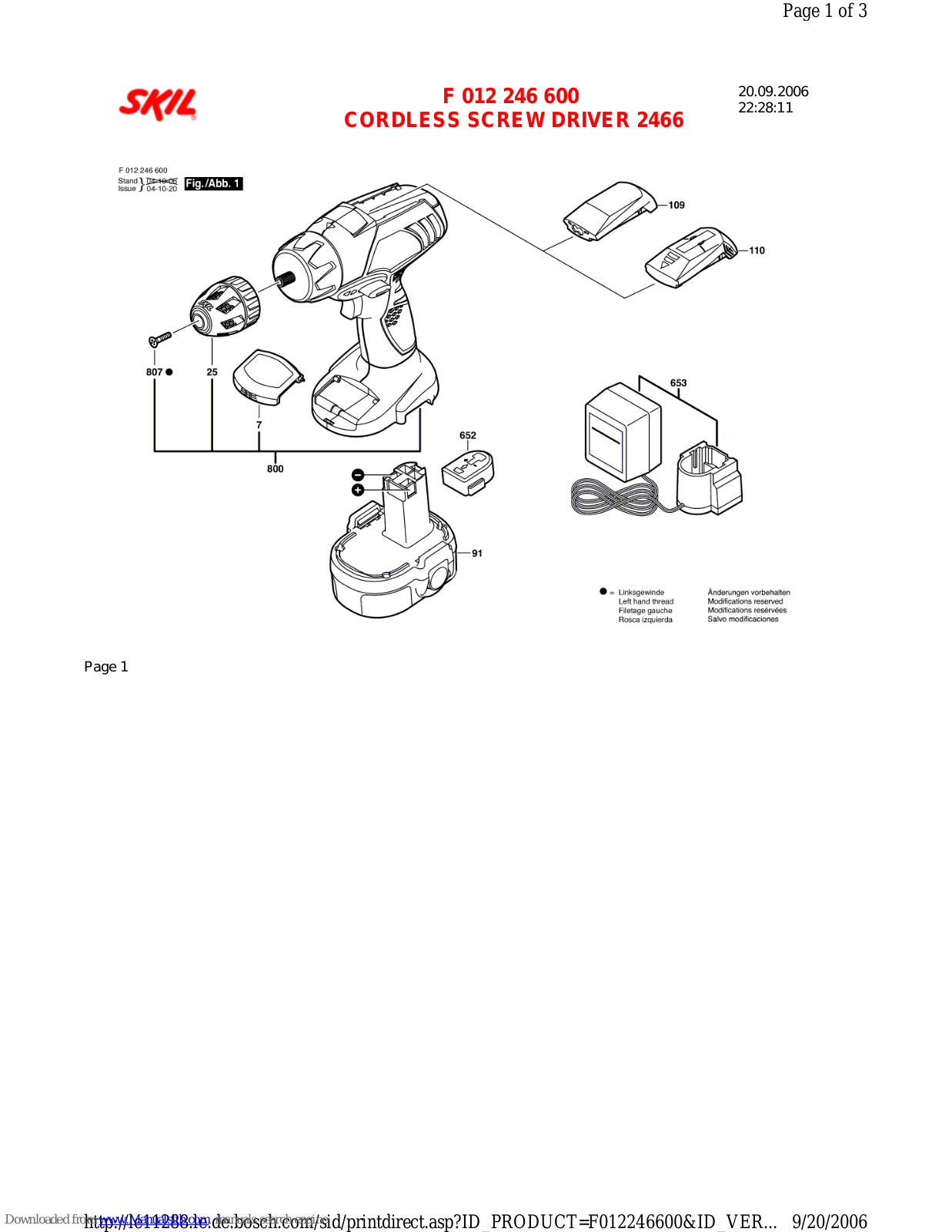 Skil F 012 246 600,2466 Parts Manual