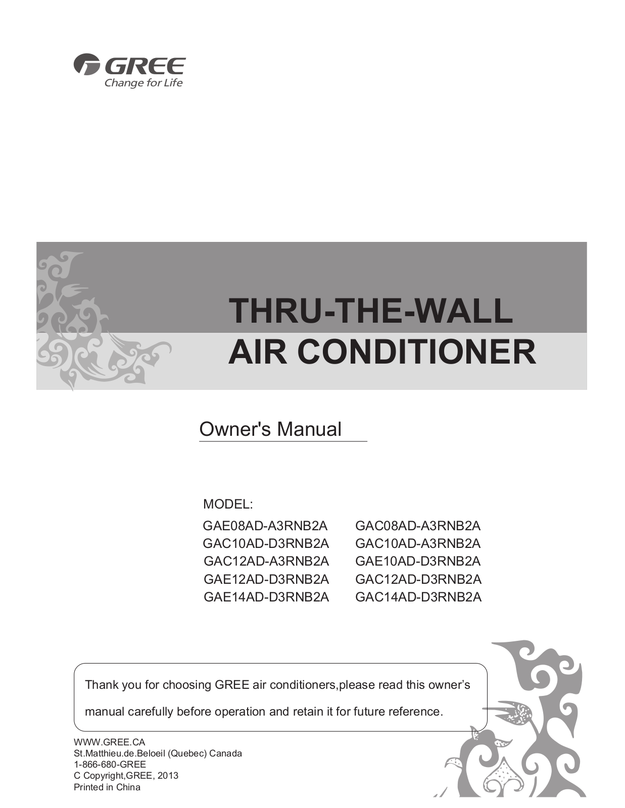 Gree GAC08AD-A3RNB2A user guide manual