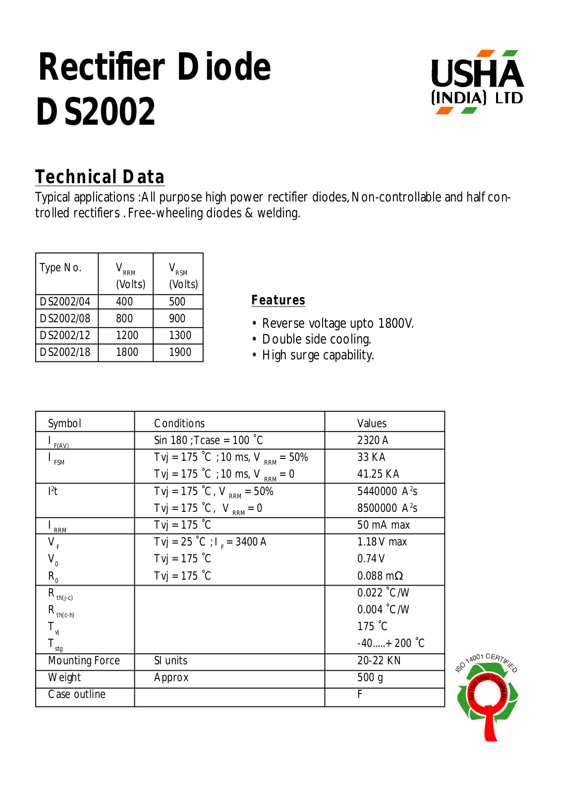 USHA DS2002-08, DS2002-04, DS2002-18, DS2002-12 Datasheet