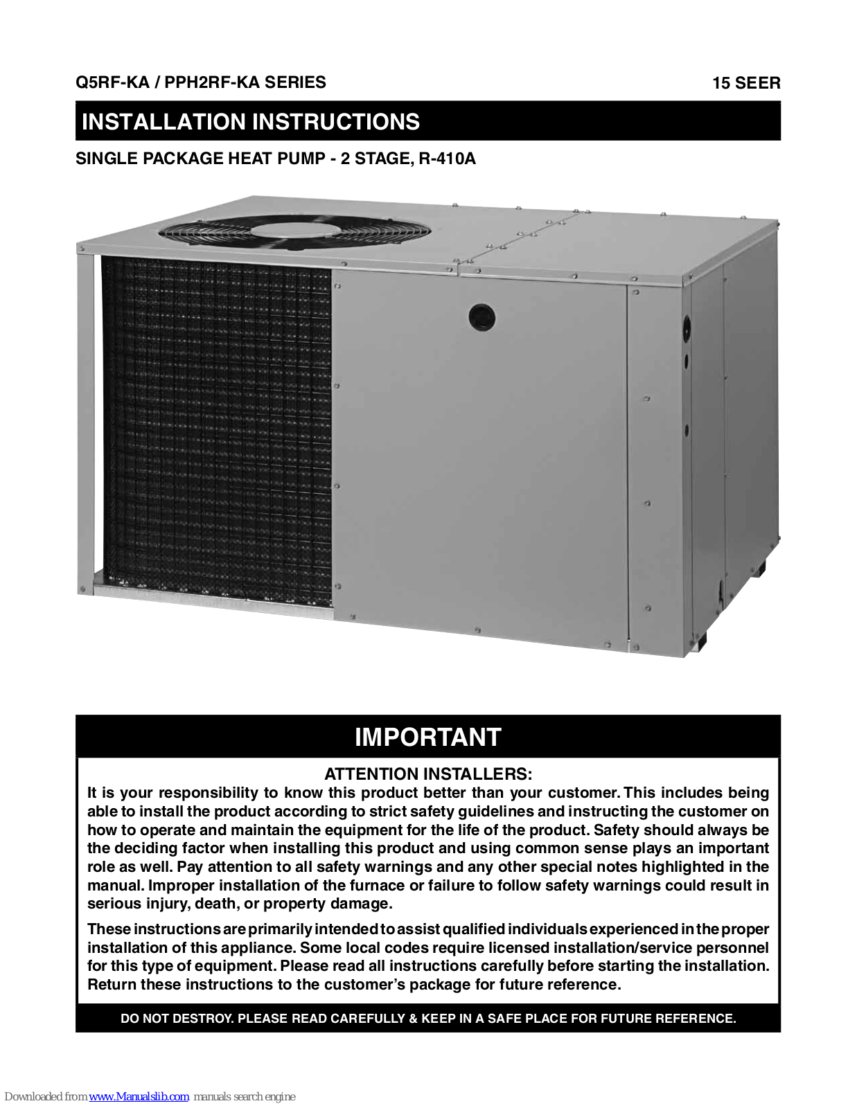 Nordyne Q5RF-X24KA, Q5RF-X48KA, Q5RF-X60KA, Q5RF-X36KA Installation Instructions Manual