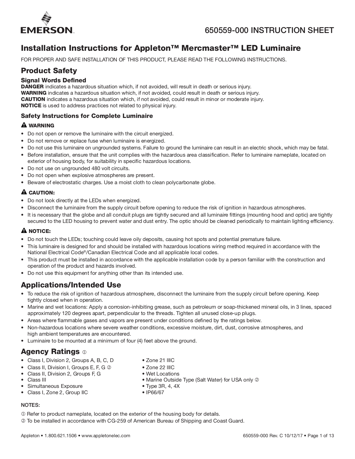 Appleton Instruction Sheet: Appleton Mercmaster LED Generation 3 Series Luminaires, 650559-000 Manuals & Guides