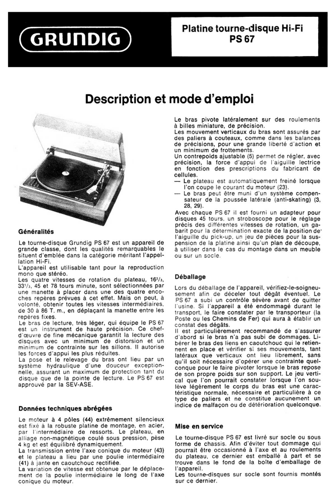 Grundig PS-67 Owners manual