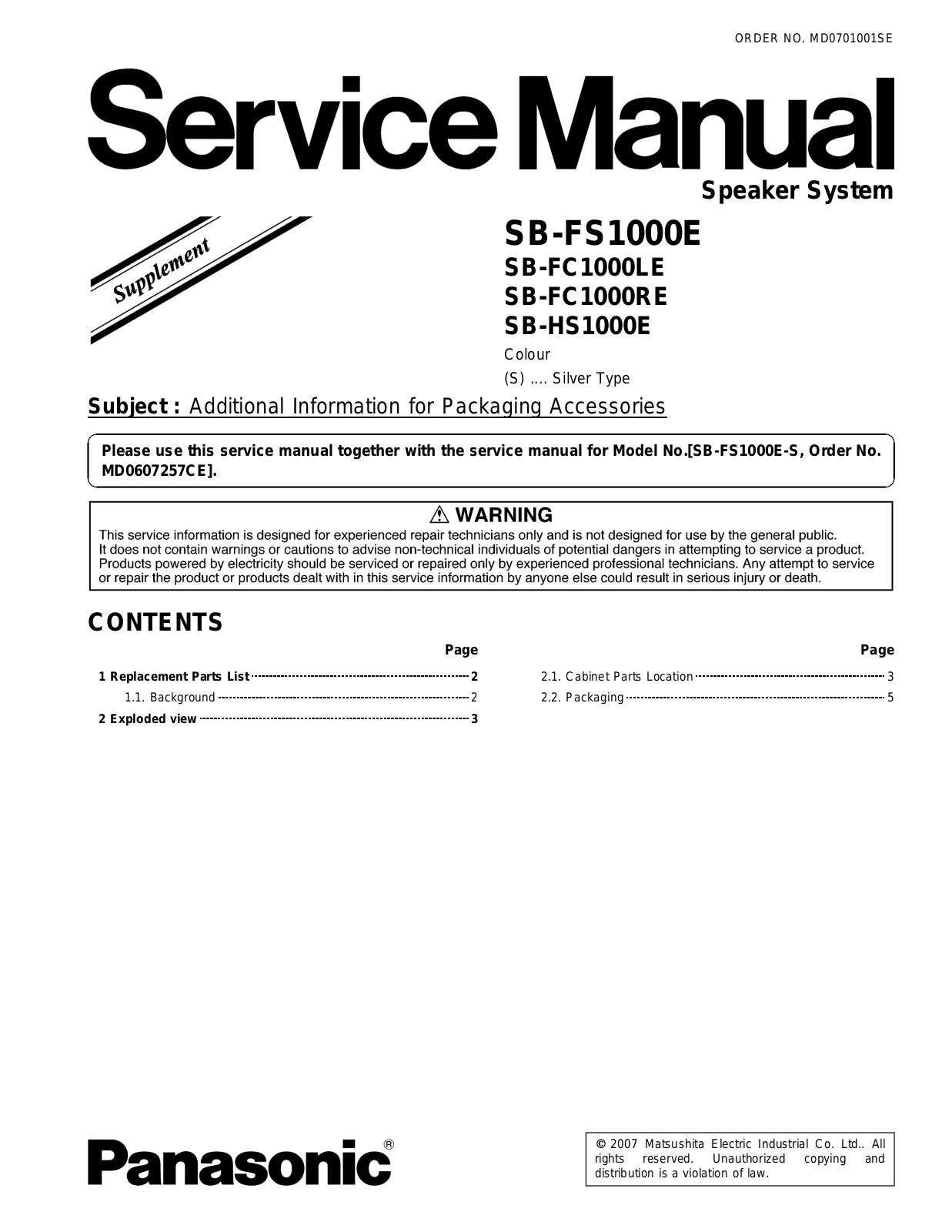 Panasonic SBFC-1000-LE, SBFC-1000-RE, SBFS-1000-E, SBHS-1000-E Service manual