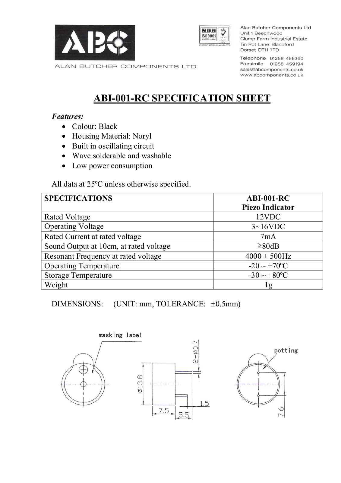 ABC ABI-001-RC Specification Sheet