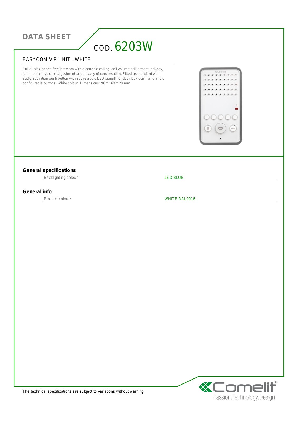 Comelit 6203W Specsheet