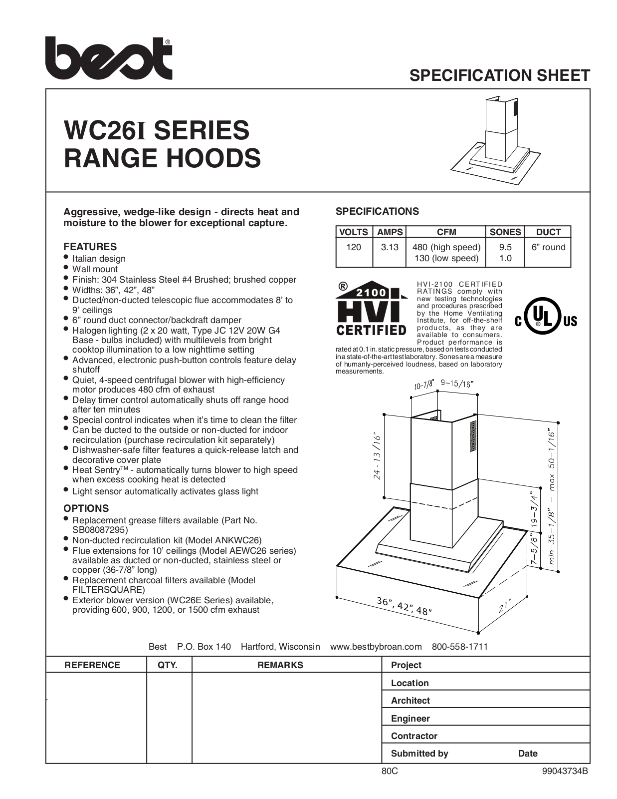 Best WC26I Specification Sheet