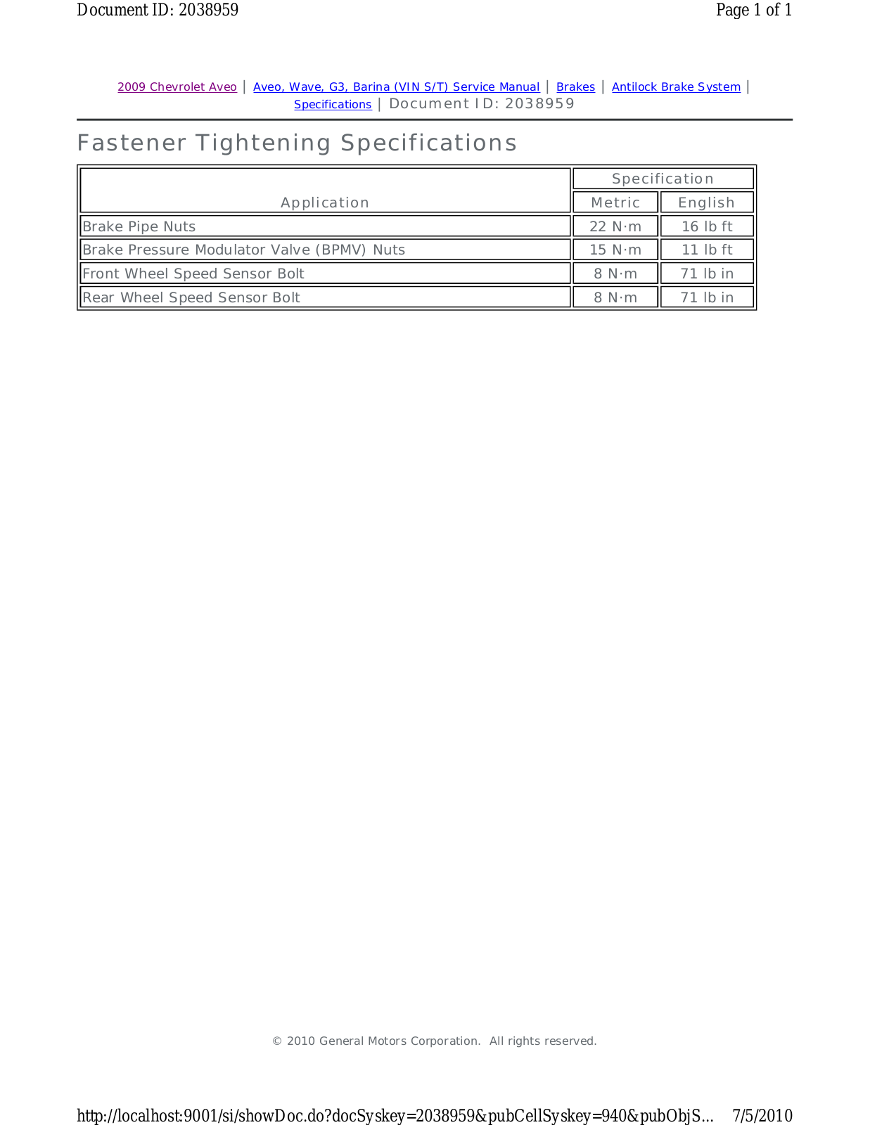 Chevrolet Aveo 2009 User Manual