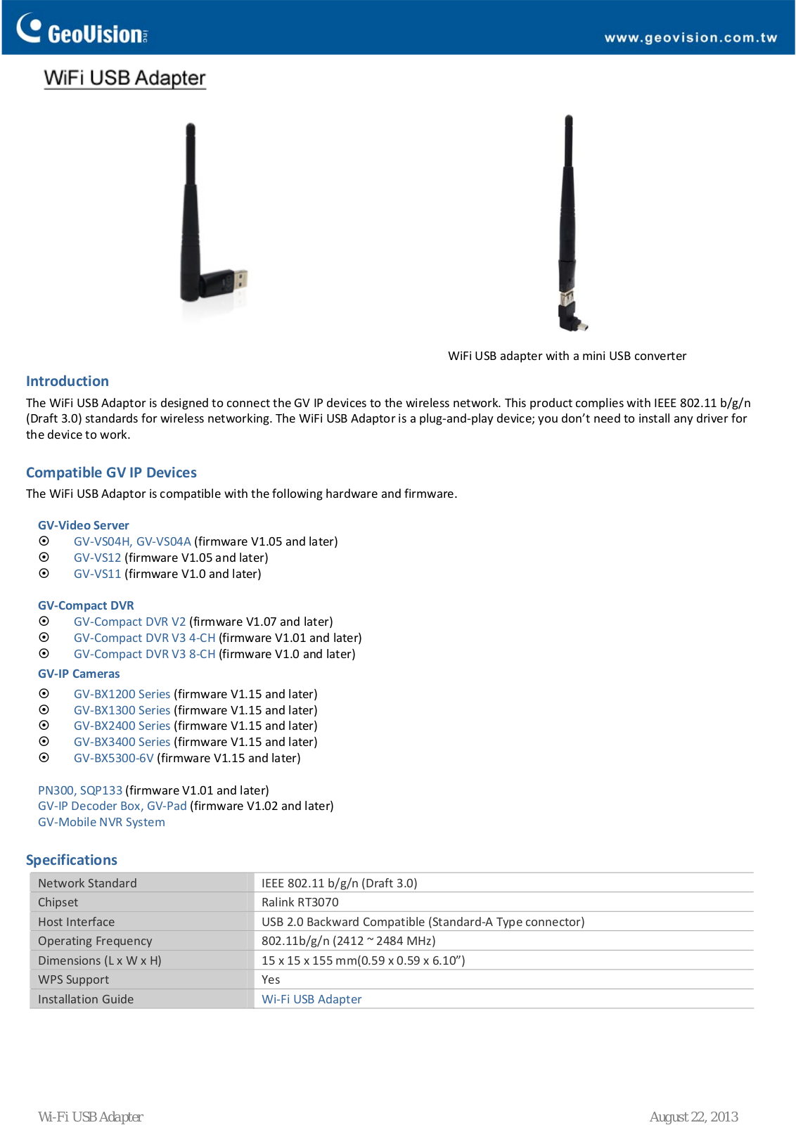 Geovision 54-BXWIUSB-MP01 Specsheet