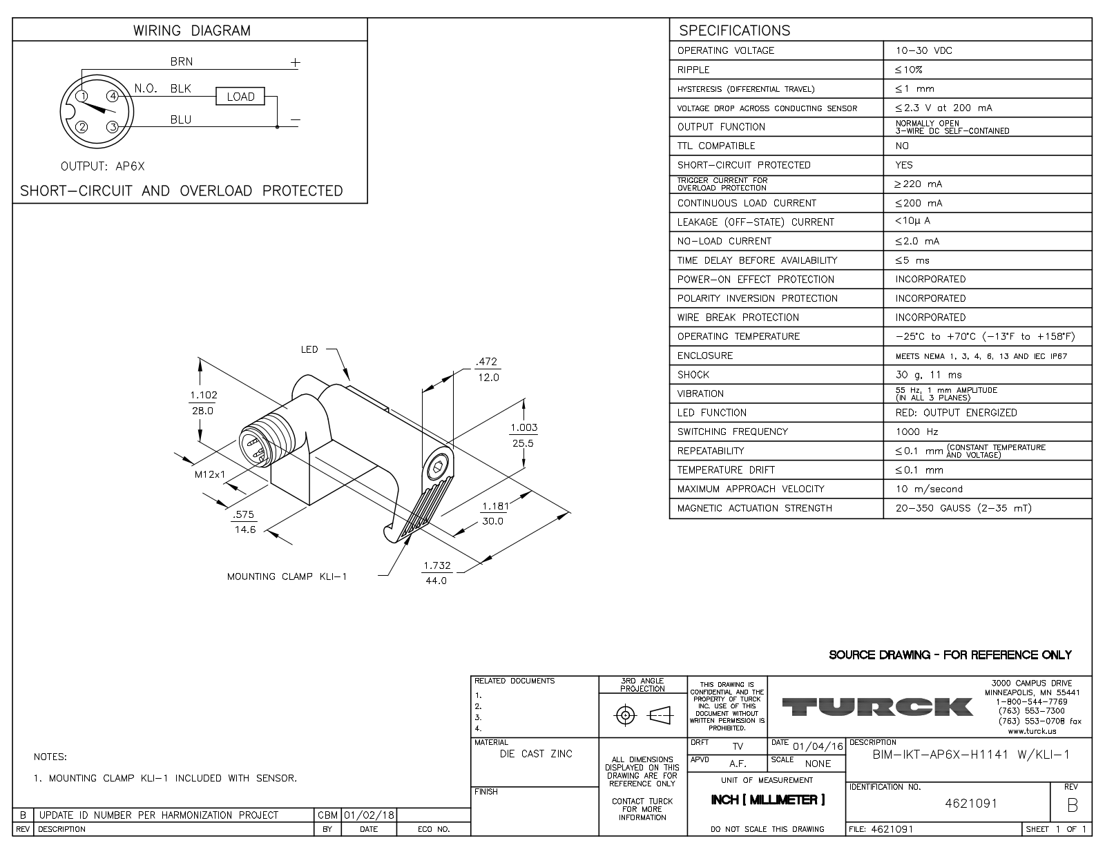 Turck BIM-IKT-AP6X-H1141W/KLI-1 Data Sheet