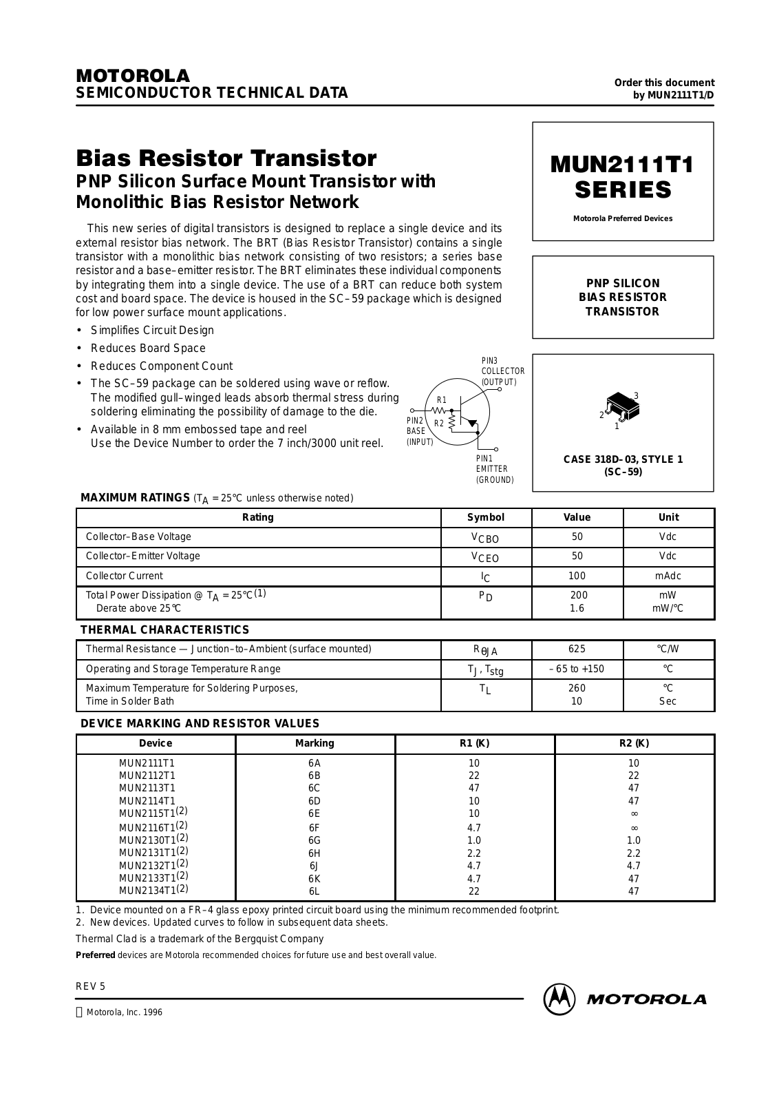 MOTOROLA MUN2111T3, MUN2112T3, MUN2114T3, MUN2133T1, MUN2132T3 Datasheet