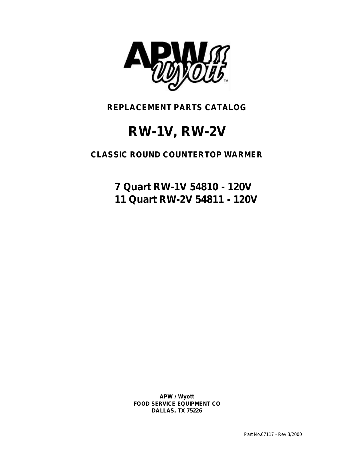 Wyott RW-1V Parts List