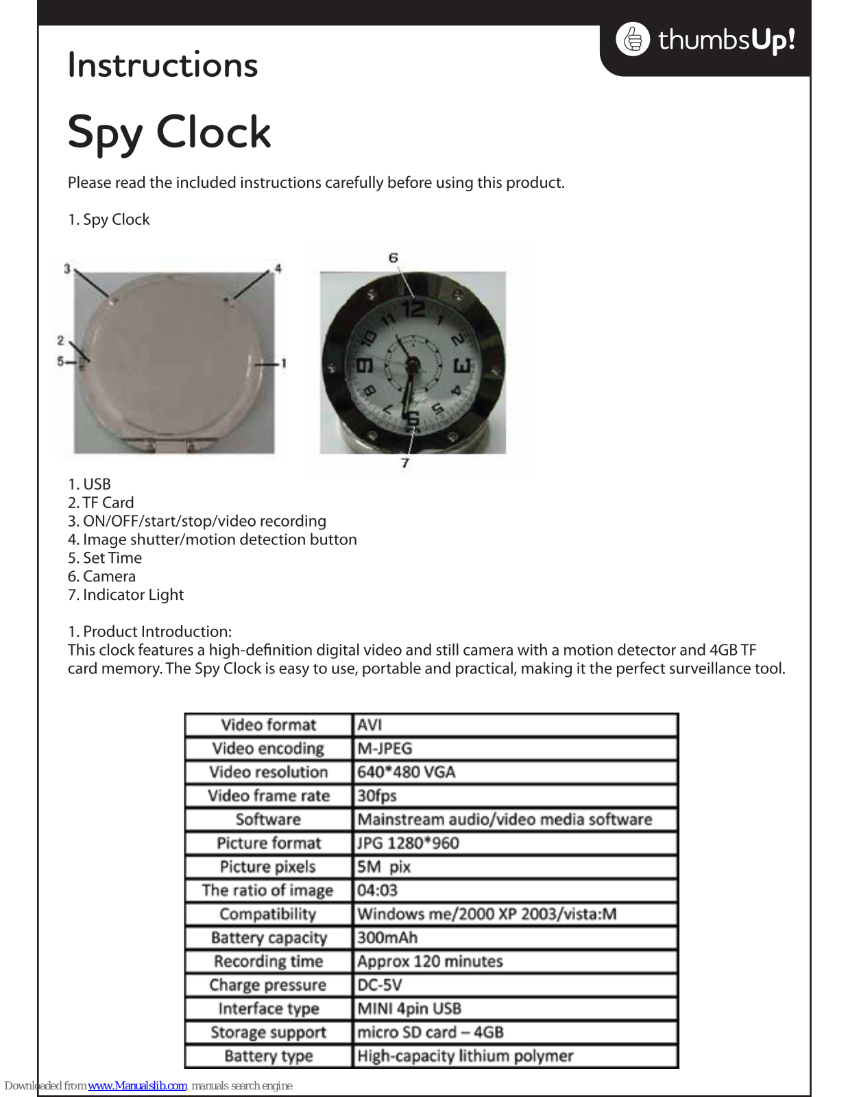 ThumbsUp Spy Clock Instructions Manual