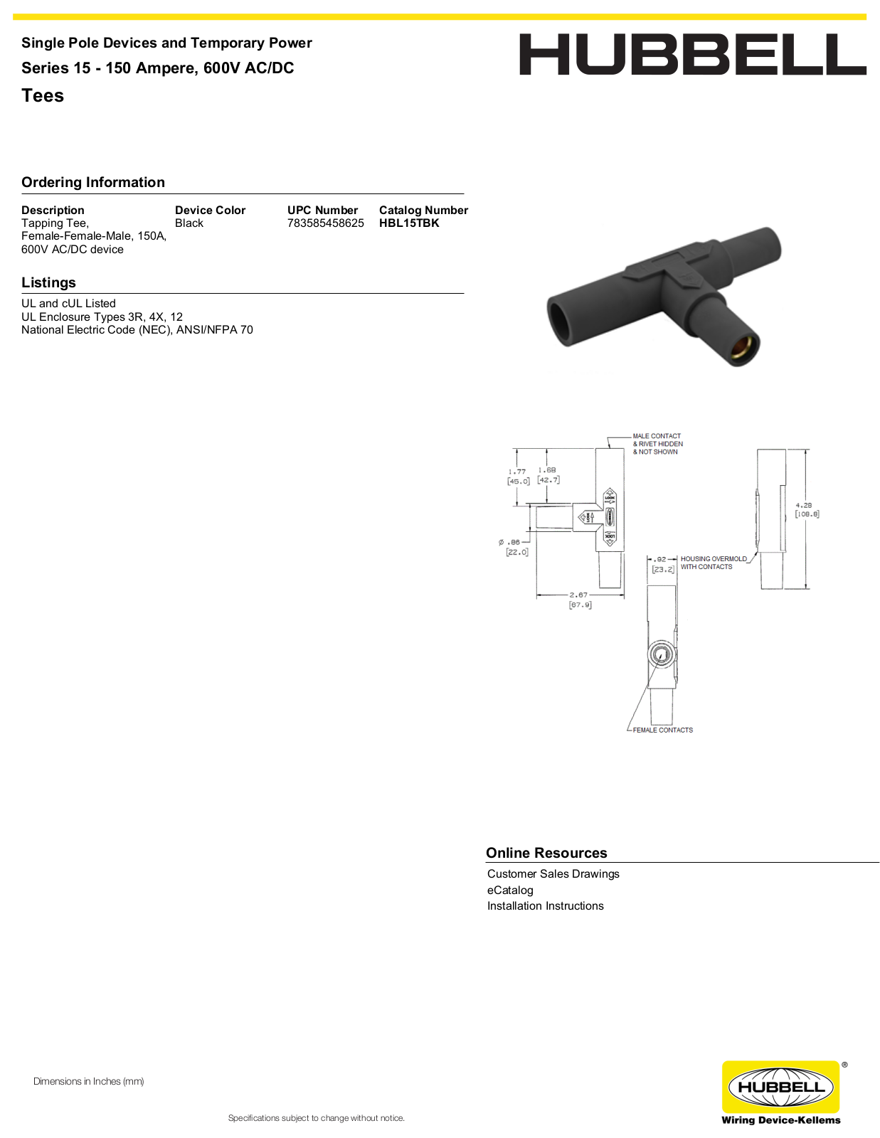 Hubbell HBL15TBK Specifications