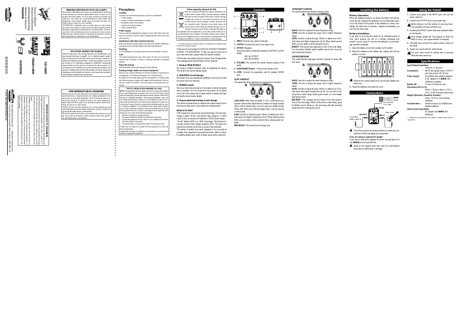 Vox Flat 4 Boost, Straight 6 drive, V8 Distortion Owner`s Manual