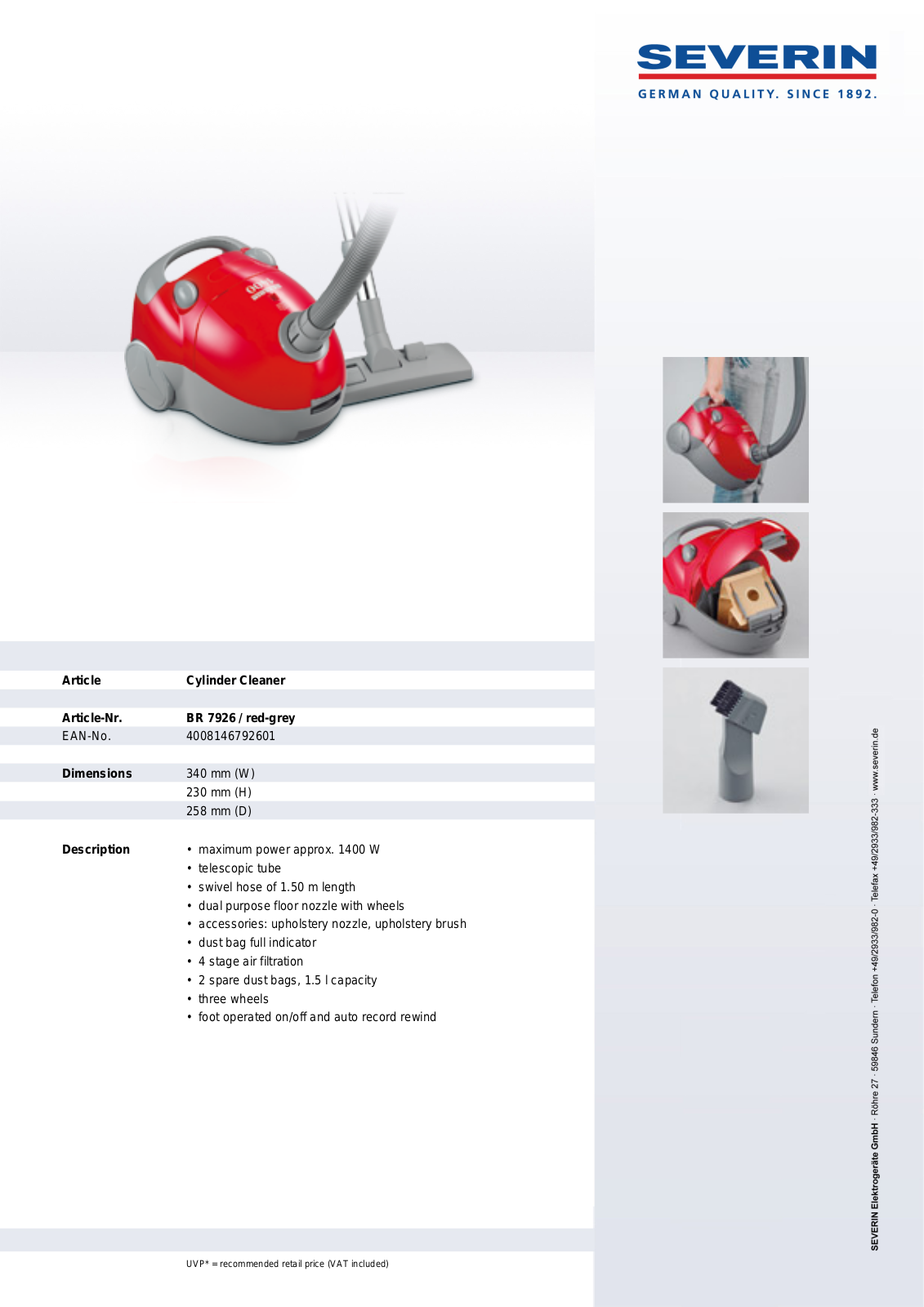 Severin CYLINDER CLEANER, BR 7926 User Manual