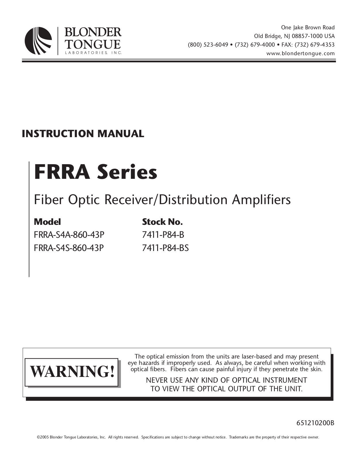 Blonder-Tongue FRRA-S4A-860-43P Users Manual