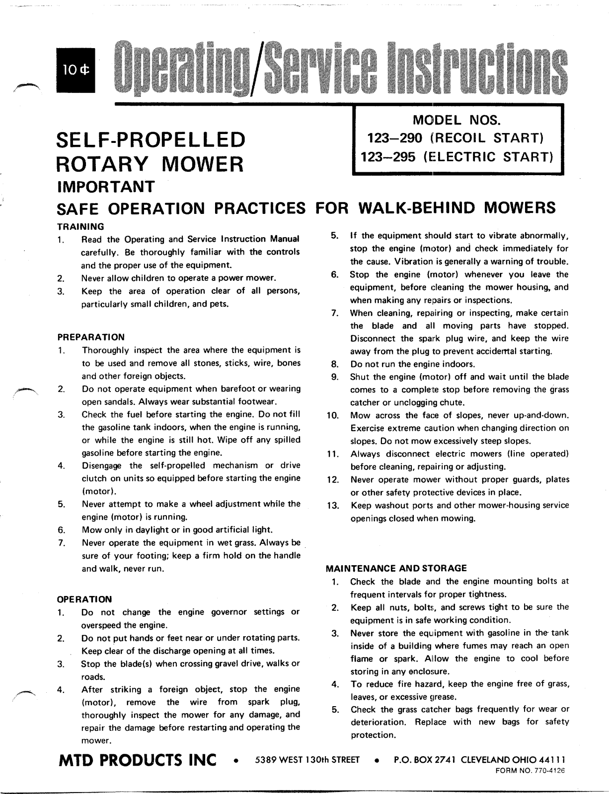 MTD 123-295, 123-290 User Manual