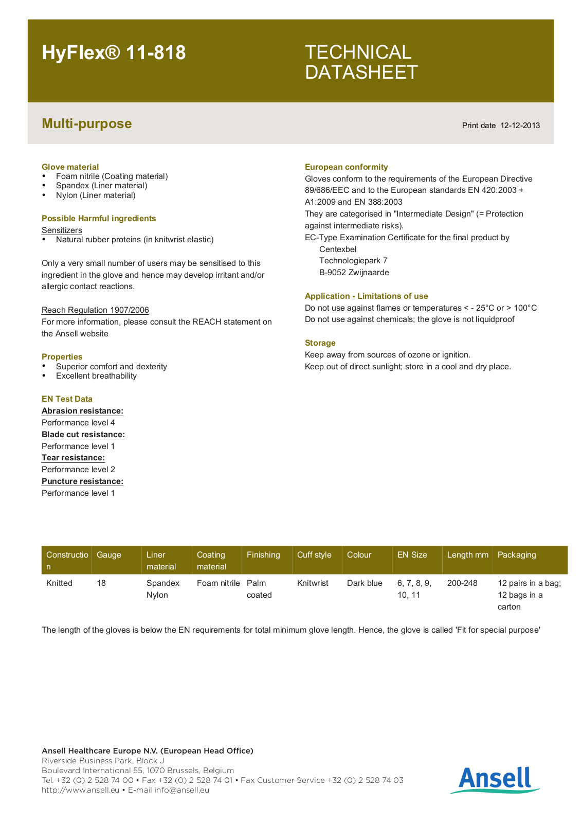 Ansell HyFlex 11-818 User Manual