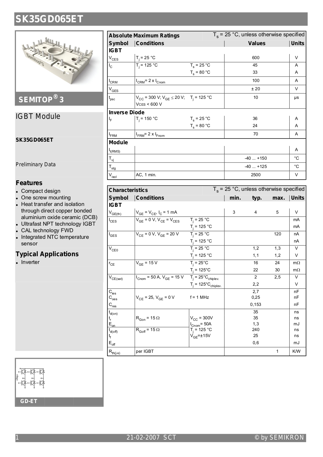 Semikron SK35GD065ET Data Sheet