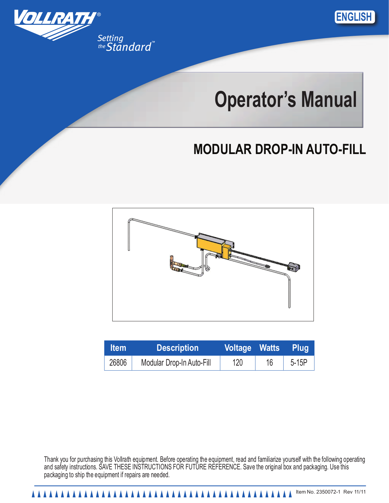 Vollrath 26806 Installation  Manual