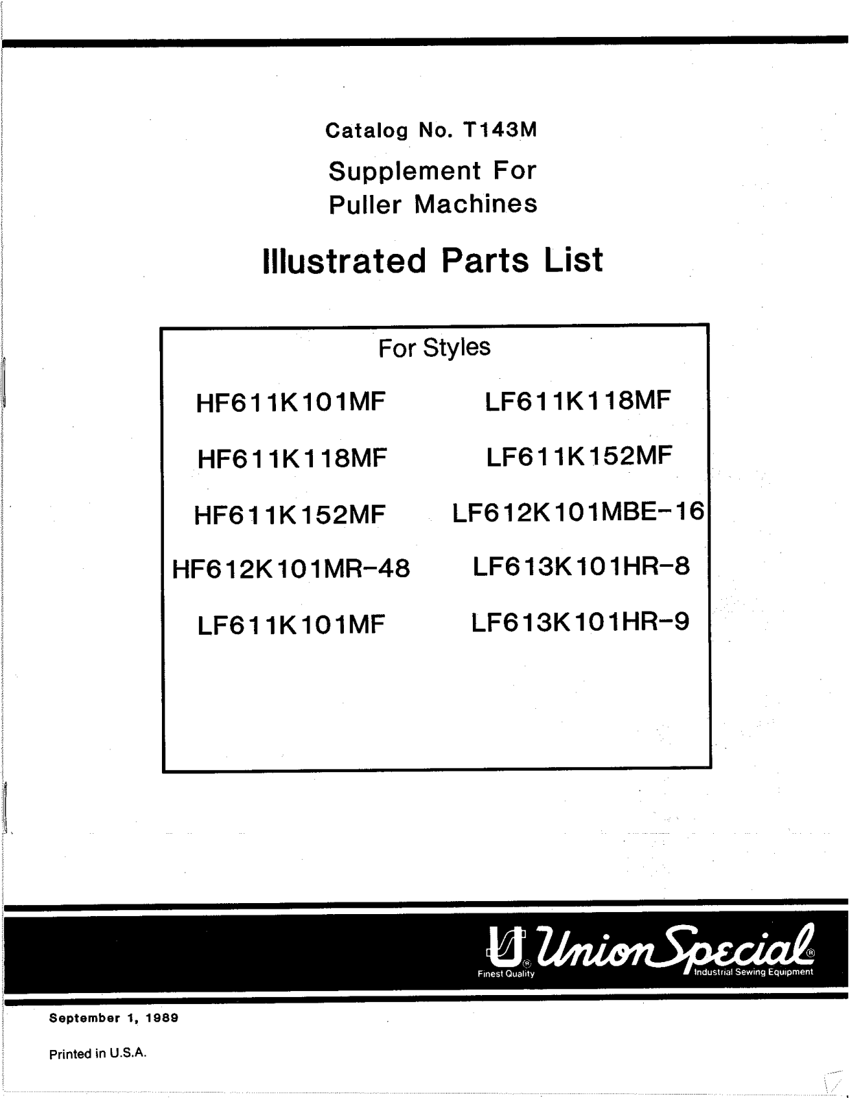 Union Special HF611K101MF, HF611K118MF, HF611K152MF, HF612K101MR, LF611K101MF Parts List